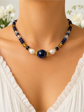 Lapis Lazuli, Baroque Pearls & Gold Murano Glass Beaded Statment Necklace 19.5”🌵